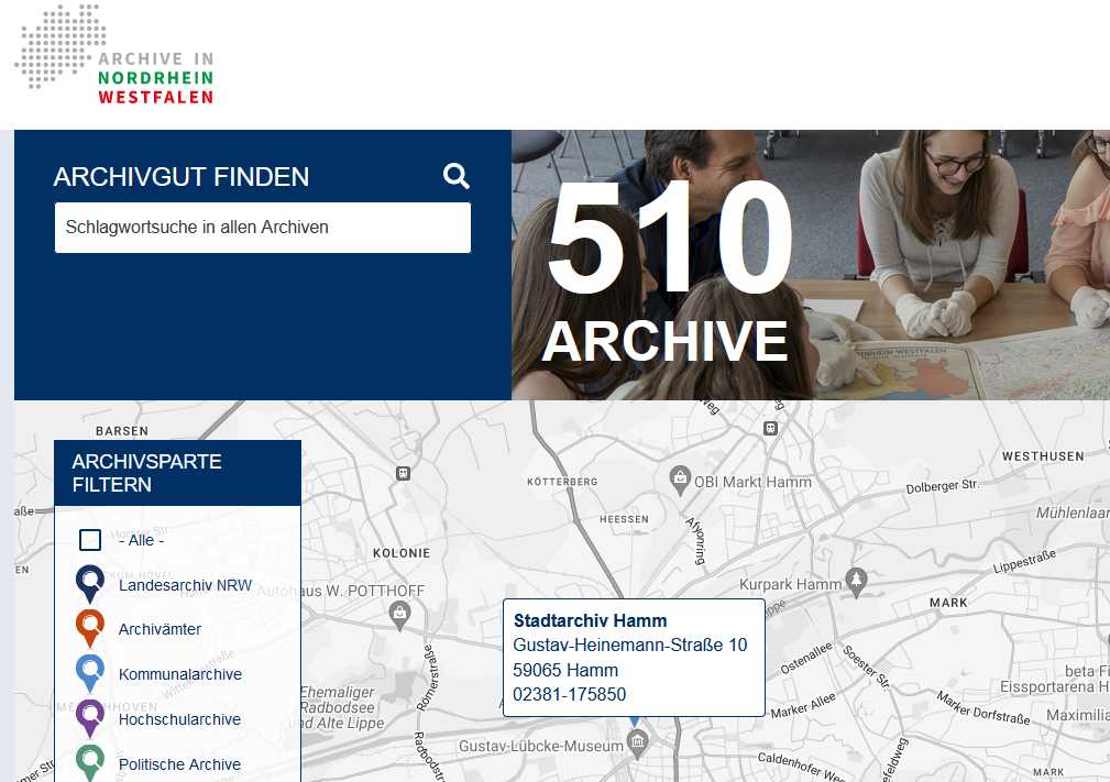 Startseite des Archivportals archive.nrw.de