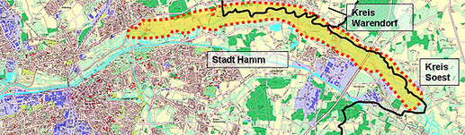 Das Bild zeigt eine Übersichtskarte des Projektgebietes mit den Grenzen der Kreise Warendorf und Soest