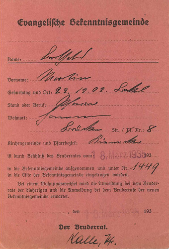 Verpflichtungskarte Martin Bertholds, die ihn als Mitglied der Bekenntnisgemeinde ausweist, unterzeichnet von Pfarrer Ernst Kalle als Vorsitzender des Brüderrates Burkhard Großmann