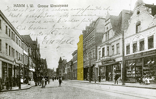 Die Weststraße um 1900 mit dem markierten Geburtshaus von Gerd Bucerius 