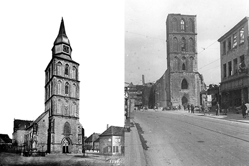 Ansicht der „Großen Kirche“ (ab 1912 Pauluskirche) mit barockem Turmhelm, 1899 (links) und Blick aus der Weststraße zur kriegszerstörten Pauluskirche, um 1946 (rechts)