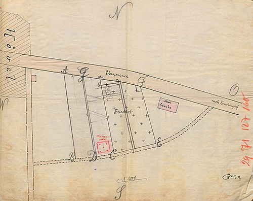 Handskizze des katholischen Friedhofs und des Massengrabes, 22. Januar 1909