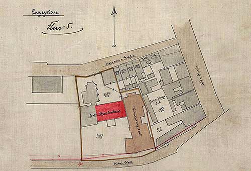 Lageplan des Katholischen Krankenhauses mit dem geplanten Erweiterungsbau von 1903, in der Mitte der ehemalige Nassauer Hof 