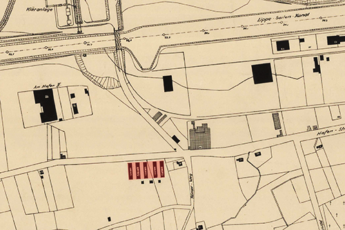 Ausschnitt aus dem Kriegsschädenplan von 1944 mit den Baracken an der Ecke Hafenstraße/Römerweg.