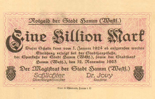 Notgeldschein der Stadt Hamm über 1 Billion Mark, 1923/24