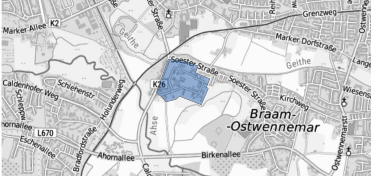  Eine Karte mit einer blauen Flächenmarkierung im Bereich Hohefeldweg