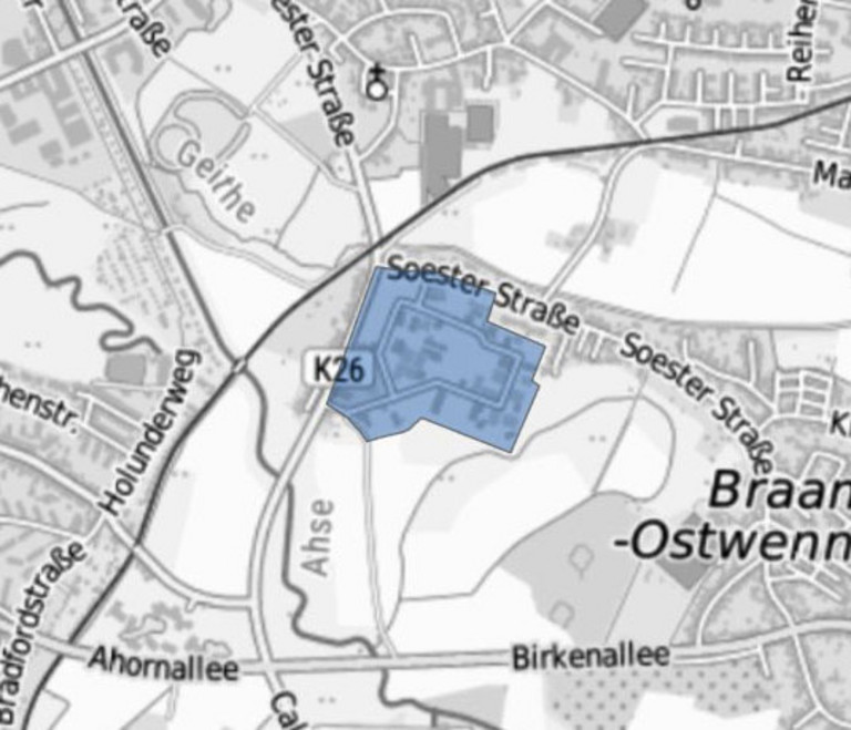  Eine Karte mit einer blauen Fl&auml;chenmarkierung im Bereich Hohefeldweg