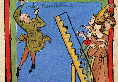 Die Wippstrafe. Miniatur aus dem Soester „Nequambuch“, einem Acht- und Schwurbuch der Stadt Soest aus dem 14./15. Jahrhundert 