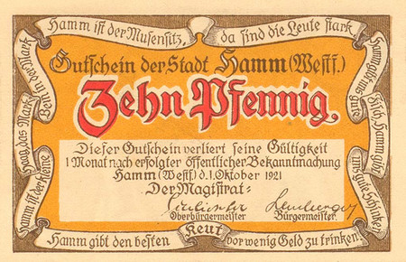 Rückseite des Gutscheins der Stadt Hamm über 10 Pfennig mit Motiv ''Hammer Keut'', 1921
