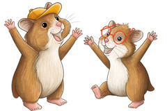 Auf dem Bild sind zwei Hamster zu sehen. Beide strecken ihre Hände in die Luft und freuen sich, der linke Hamster hat einen Hut auf und der rechte Hamster trägt eine rote Brille. 