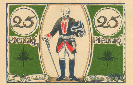 Vorderseite eines Gutscheins der Stadt Hamm über 25 Pfennig mit Motiv des Generals Freiherr von Wolffersdorff, 1921