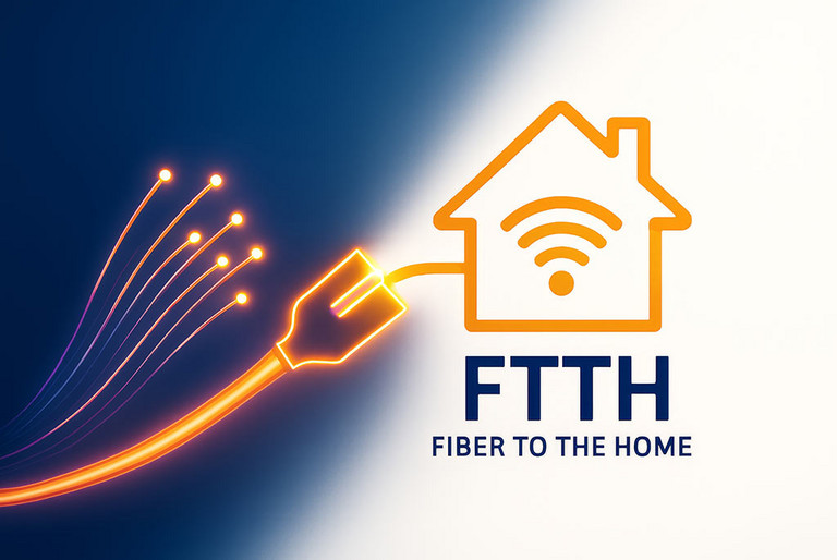 Schaubild zur Glasfasertechnologie FTTH, ein Kabel f&uuml;hrt zu einem stilisierten Haus