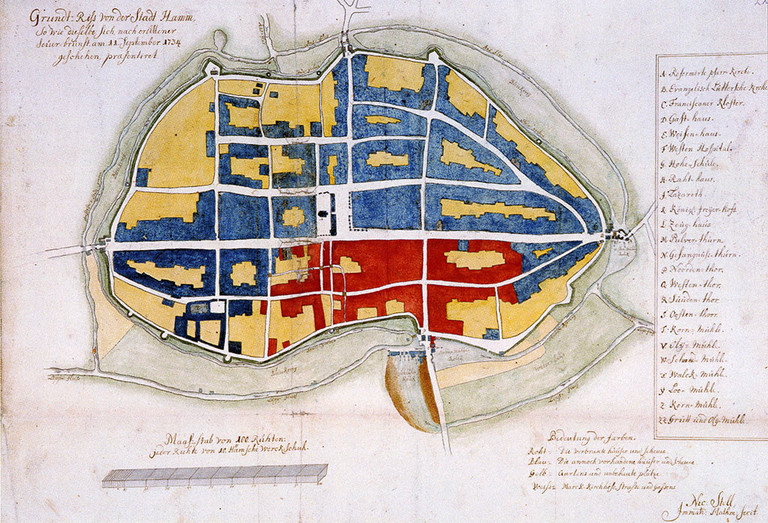 Eine historische Karte der Stadt Hamm aus dem Jahre 1734