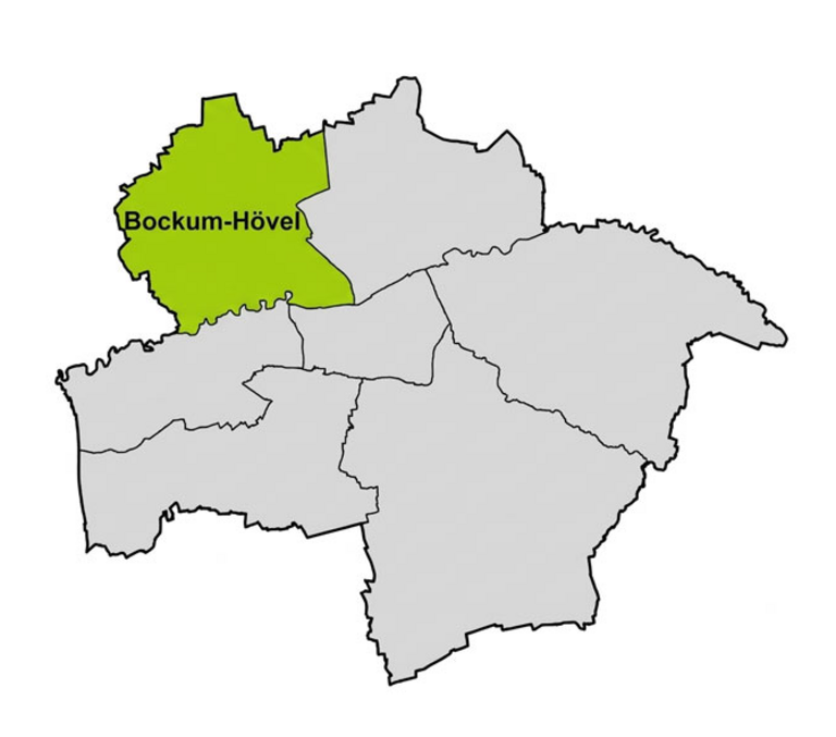 Grafik der Stadtfl&auml;che von Hamm. Der Bezirk Bockum-H&ouml;vel ist gr&uuml;n hervorgehoben.