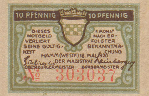Rückseite eines Notgeldscheins über 10 Pfennig mit Motiv des neuen Bahnhofsgebäudes, 1920