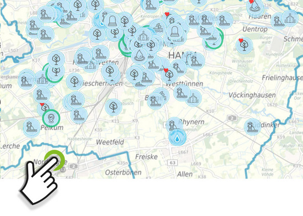 Ausschnitt einer Karte, die kühle Orte in Hamm zeigt 