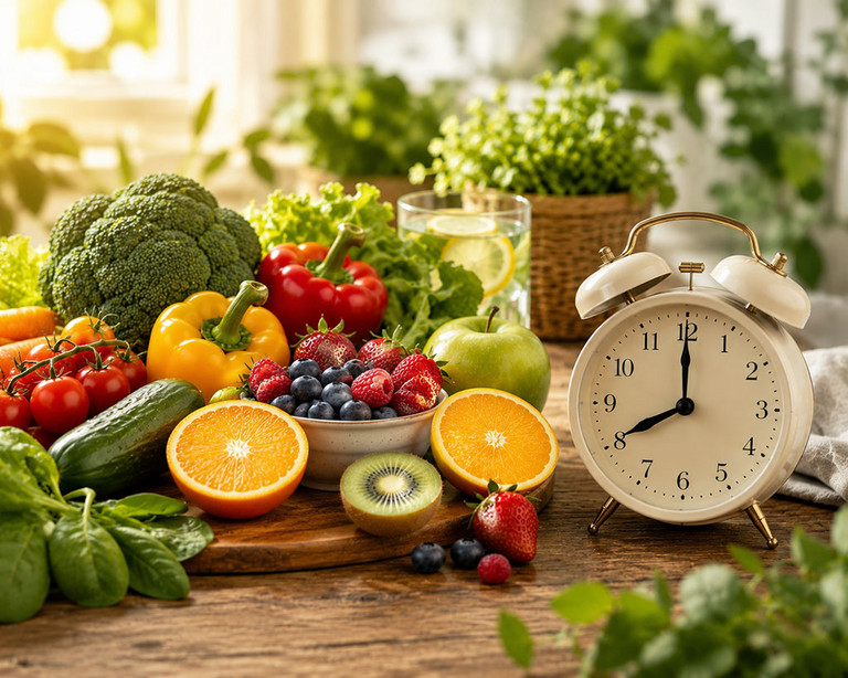 Gem&uuml;se und Obst mit Wecker