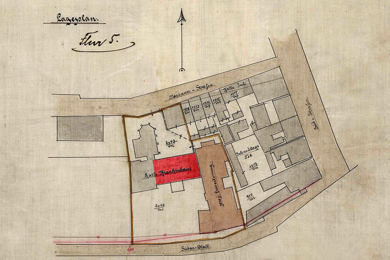 Lageplan des Katholischen Krankenhauses mit dem geplanten Erweiterungsbau von 1903, in der Mitte der ehemalige Nassauer Hof 