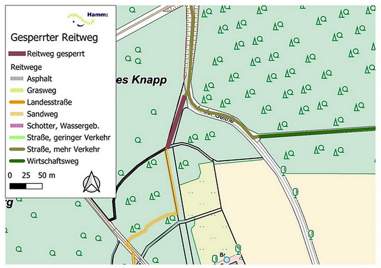 Eine Übersichtskarte zeigt den gesperrtebn Reitwegeabschnitt in der Westgeithe