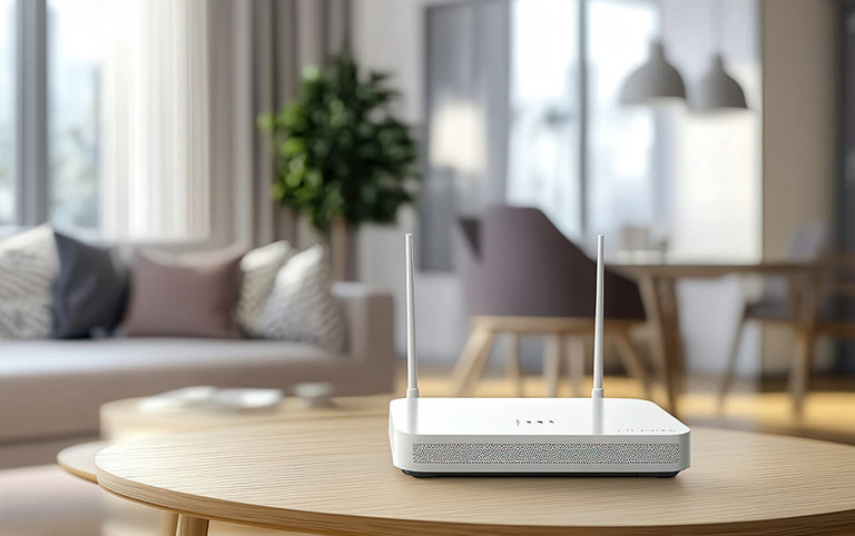 In einem modernen Wohnzimmer steht ein Router auf einem Tisch