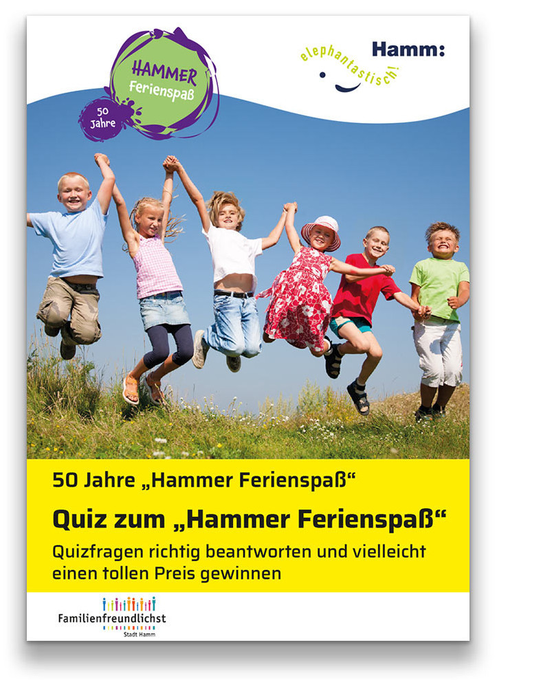 Ein Plakat mit springenden Kindern, dass auf das Quiz zum Hammer Ferienspaß hinweist