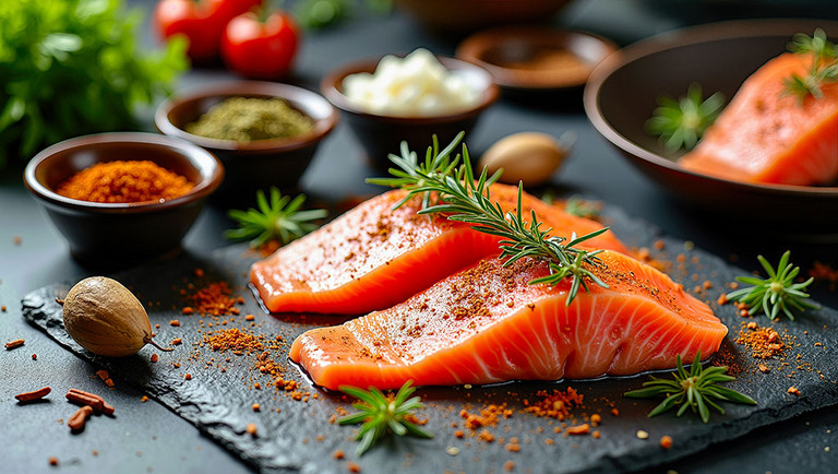  Lachs frisch gew&uuml;rzt auf Schieferplatte mit Rosmarin &ndash; rohe Lachsfilets in der K&uuml;che, Nahaufnahme
