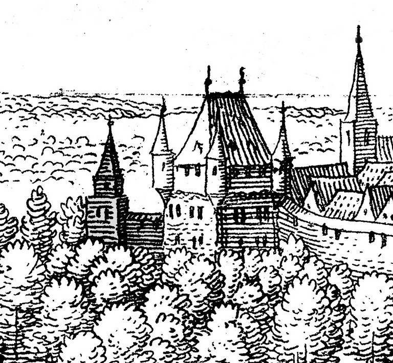 Ausschnitt aus der Ansicht der Stadt Hamm von Merian, 1647, Bereich des Ostentores, grün hervorgehoben die Kapelle des Ostenfriedhofes. Historische Darstellung des Ostentores aus dem Jahre 1647