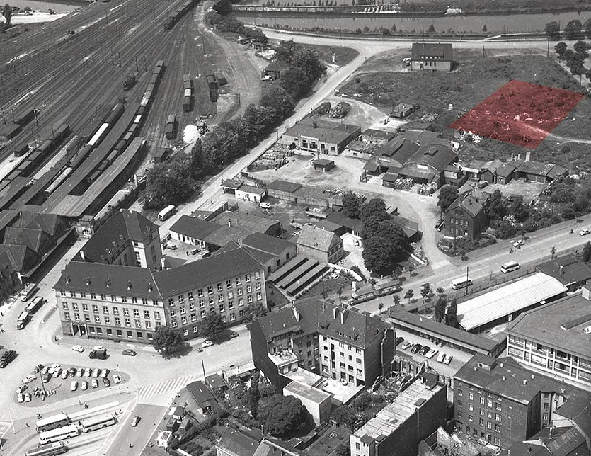 Luftaufnahme des Bahnhofsviertels von 1956