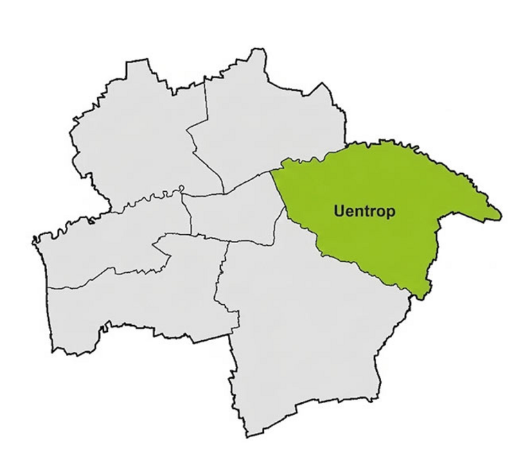 Grafik der Stadtfl&auml;che von Hamm. Der Bezirk Uentrop ist gr&uuml;n hervorgehoben.