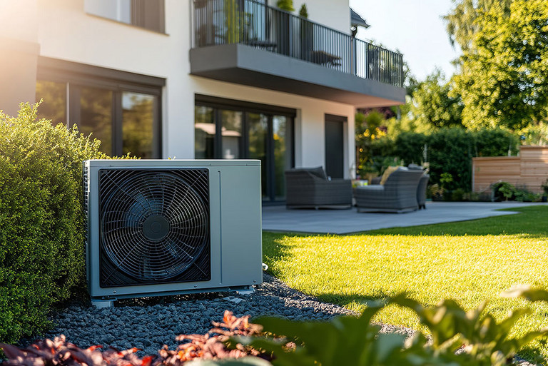 Eine Wärmepumpe im Garten eines Einfamilienhauses