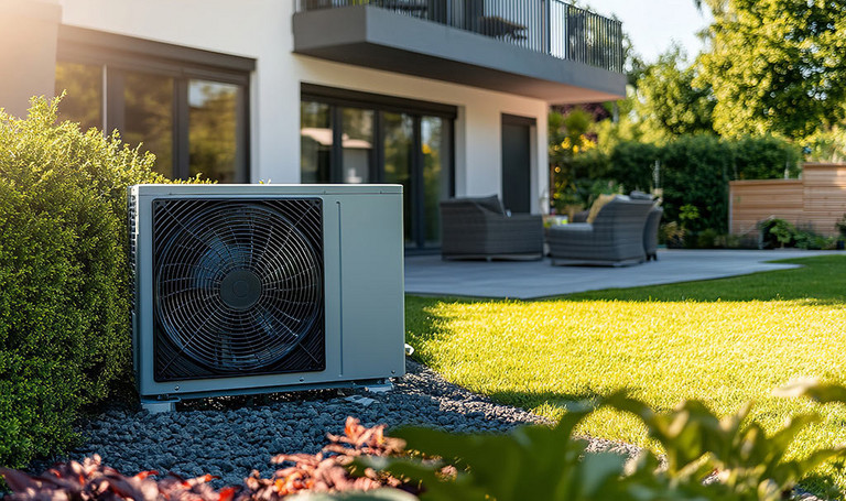 Eine Wärmepumpe im Garten eines Einfamilienhauses