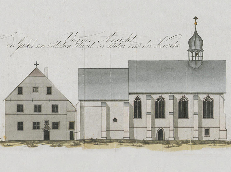 Klosterkirche und Giebel des Abteiflügels, 1809 Klosterkirche und Giebel des Abteiflügels des Kloster Kentrop