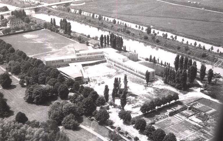 Luftaufnahme des Neubaus des Gymnasiums Hammonense an der Berliner Allee (heute Adenauerallee), 1956 
