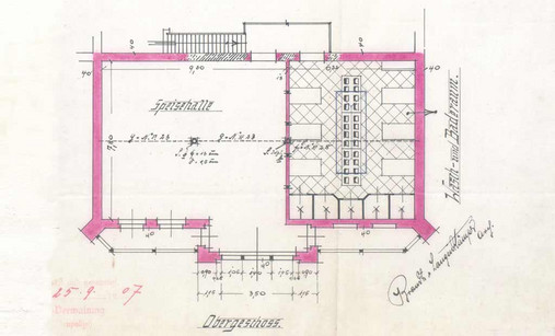Zeichnung für den ''Neubau einer Wasch- und Speiselhalle nebst Lagerraum'', 1907 