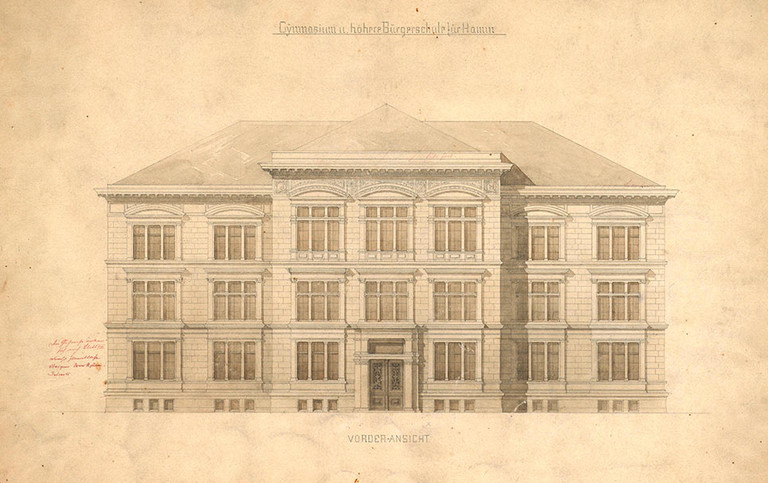 Plan der Vorderansicht Hamm Gymnasium und H&ouml;here B&uuml;rgerschule aus dem Jahre 1876