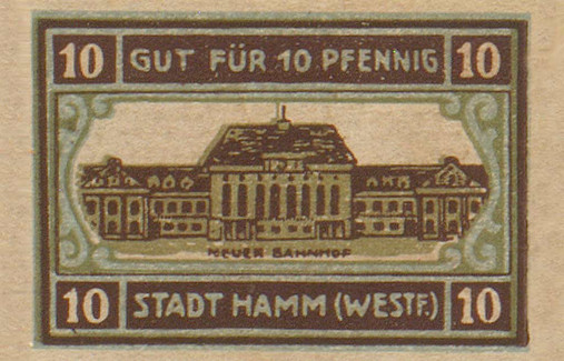 Vorderseite eines Notgeldscheins über 10 Pfennig mit Motiv des neuen Bahnhofsgebäudes, 1920
