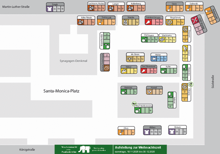 Aufstellung des Wochenmarktes auf dem Santa-Monica-Platz/Martin-Luther-Stra&szlig;e w&auml;hrend des Weihnachtsmarktes