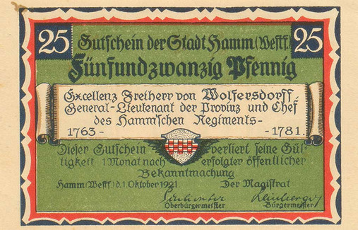Rückseite eines Gutscheins der Stadt Hamm über 25 Pfennig mit Motiv des Generals Freiherr von Wolffersdorff, 1921
