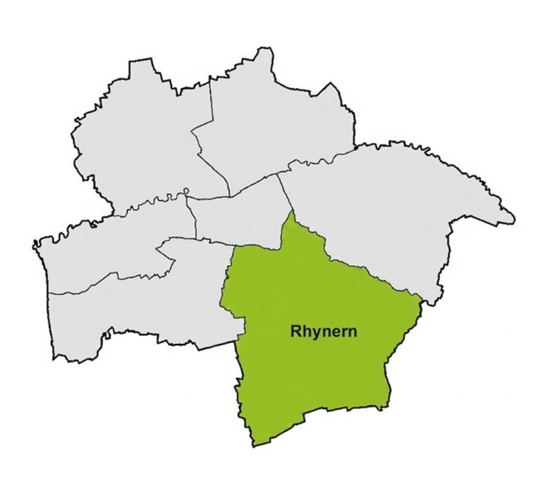 Grafik der Stadtfl&auml;che von Hamm. Der Bezirk Rhynern ist gr&uuml;n hervorgehoben.