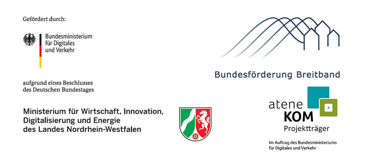 BMVI BFP NRW mweimh ateneKOM Logo Förderlogos: atene KOM: Projektträger des Bundesministeriums für Digitales und Verkehr, Bundesförderung Breitband, Ministerium für Wirtschaft, Innovation, Digitalisierung und Energie des Landes Nordrhein-Westfalen und atene KOM: Projektträger des Bundesministeriums für Verkehr und digitale Infrastruktur