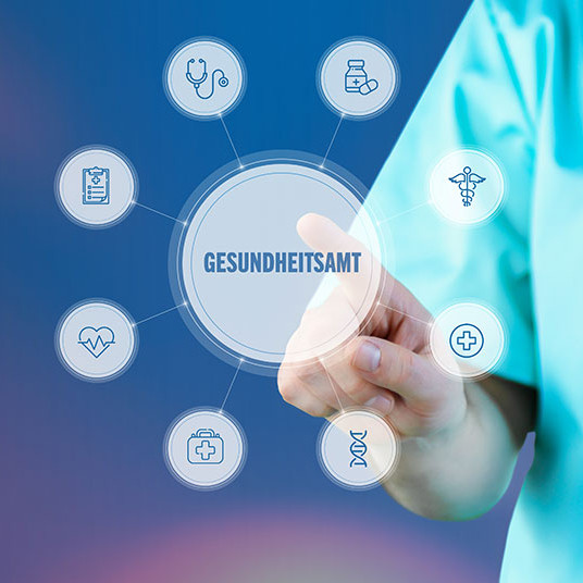 Gesundheitsamt. Arzt zeigt auf digitales medizinisches Interface. Text umgeben von Icons, angeordnet im Kreis.