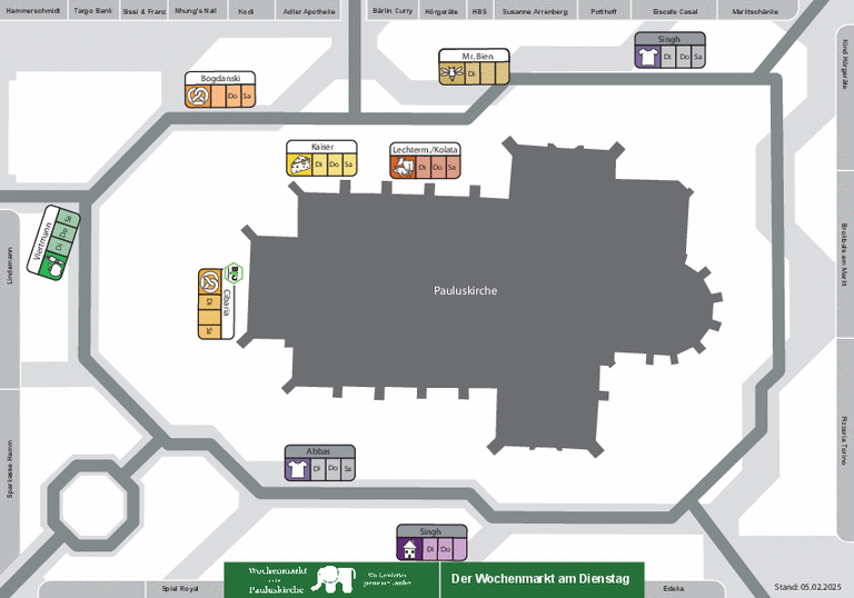 Lageplan für die Dienstagsaufstellung des Wochenmarktes an der Pauluskirche 