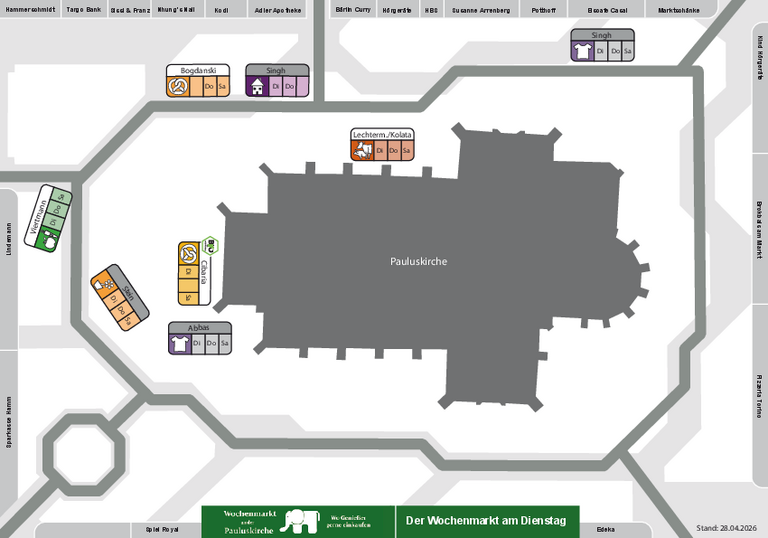 Lageplan f&uuml;r die Dienstagsaufstellung des Wochenmarktes an der Pauluskirche 
