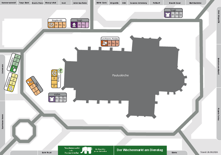 Lageplan f&uuml;r die Dienstagsaufstellung des Wochenmarktes an der Pauluskirche 