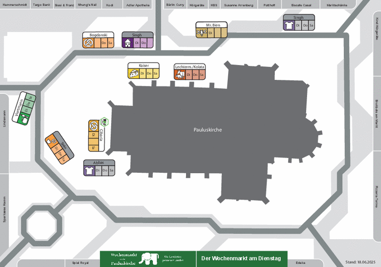Lageplan für die Dienstagsaufstellung des Wochenmarktes an der Pauluskirche 