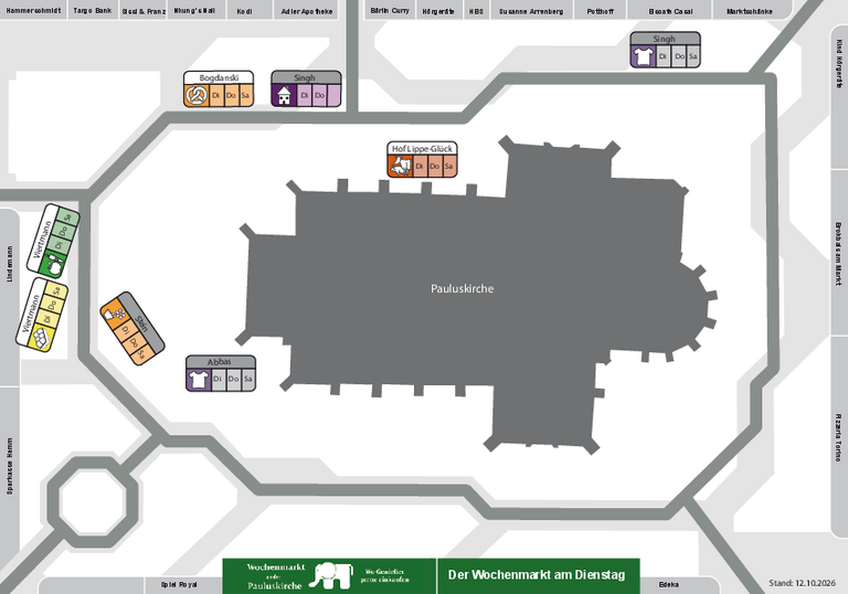 Lageplan f&uuml;r die Dienstagsaufstellung des Wochenmarktes an der Pauluskirche 