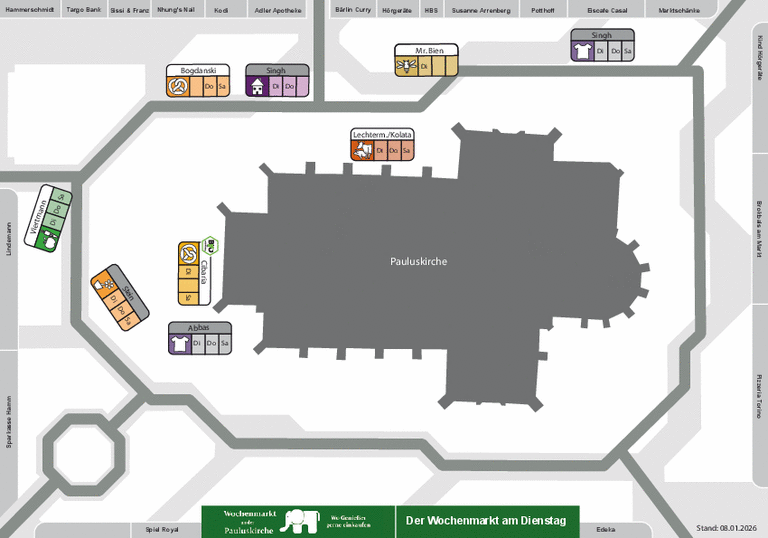 Lageplan f&uuml;r die Dienstagsaufstellung des Wochenmarktes an der Pauluskirche 