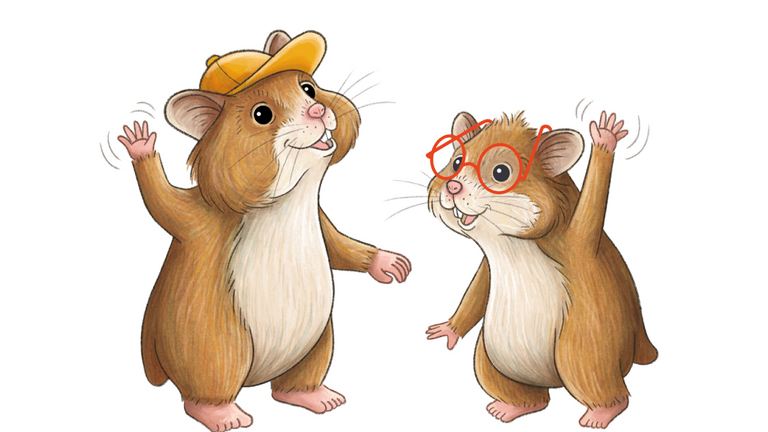 Die beiden Lese-Hamster winken in die Kamera. Hamsa, links, hat eine braune Cappy, während Hamsa eine rote Lese-Brille aufhat