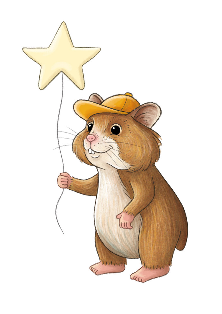Das Lesemaskottchen Hamsa, ein Hamster, hat einen Luftballon mit einem Stern in der Hand