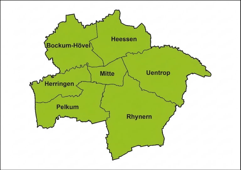 Grafik der Stadtfl&auml;che von Hamm. Alle Stadtbezirke sind gr&uuml;n hervorgehoben.